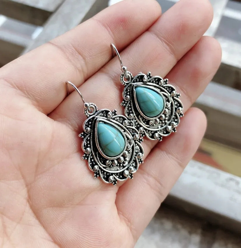 Artificial Turquoise Alloy Teardrop Dangle Earrings - Korvel