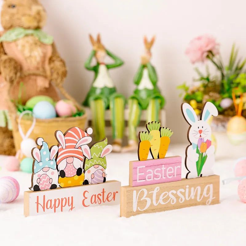 Easter Rabbit Flower Hugging Wooden Ornament