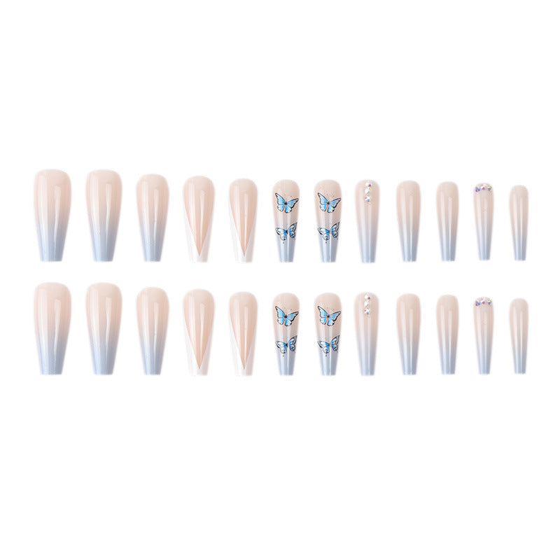 Ins Net Red With The Same Blue Butterfly Point Drill V-Shaped French Style Personality Trend Wearing Manicure Nail Patch - Korvel