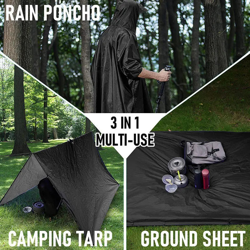 3 In 1 Outdoor Military Raincoat Hooded Sleeve Waterproof Rain Poncho Motorcycle Rain Cover Camping Hiking Travel Rainwear Tent - Korvel