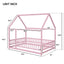 Full Size Floor Wooden Bed with House Roof Frame, Fence Guardrails ,Pink - Korvel