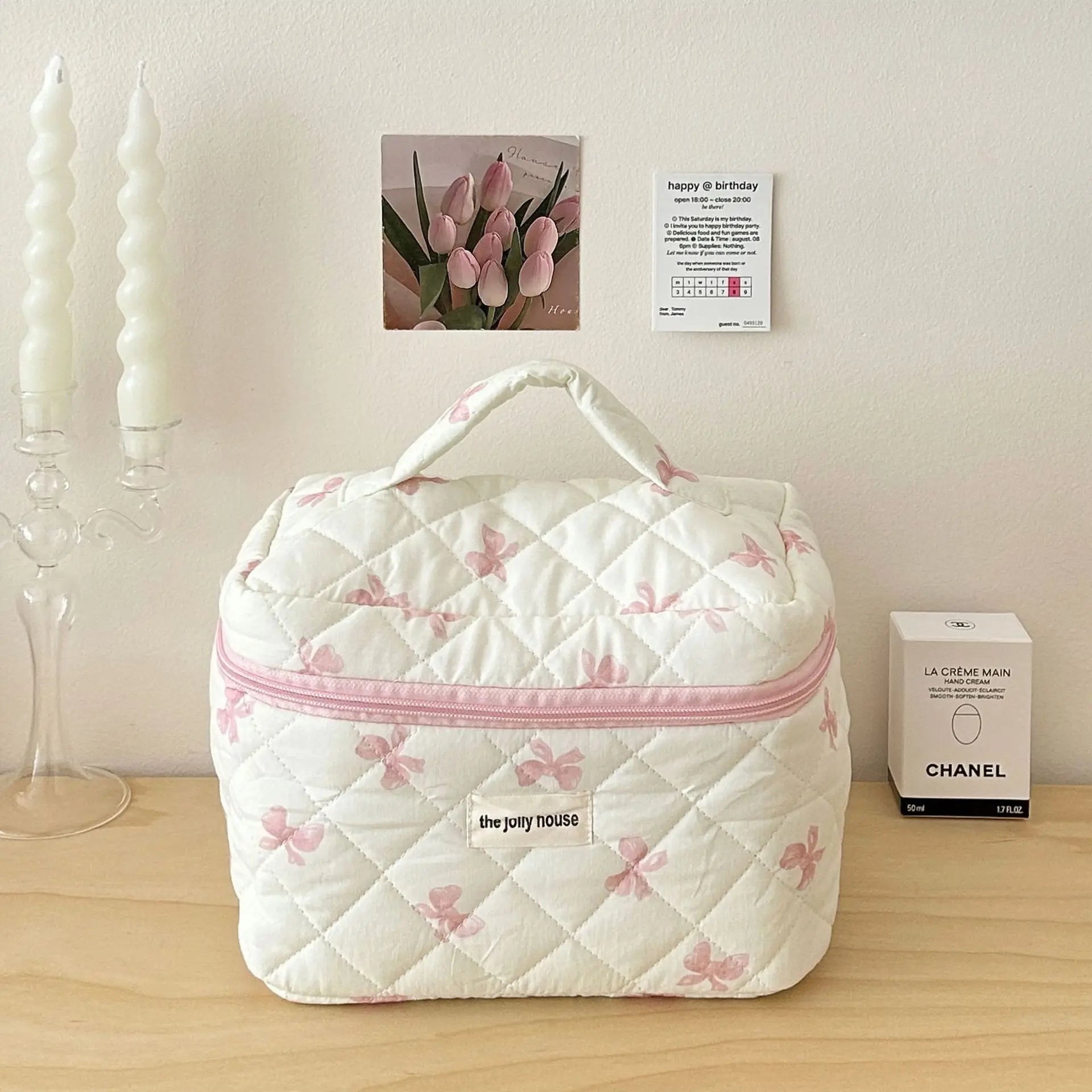 Cute Bow Flower Quilting Cotton Makeup Bag Women Zipper Cosmetic Organizer Female Cloth Handbag Portable Toiletry Case for Girls - Korvel