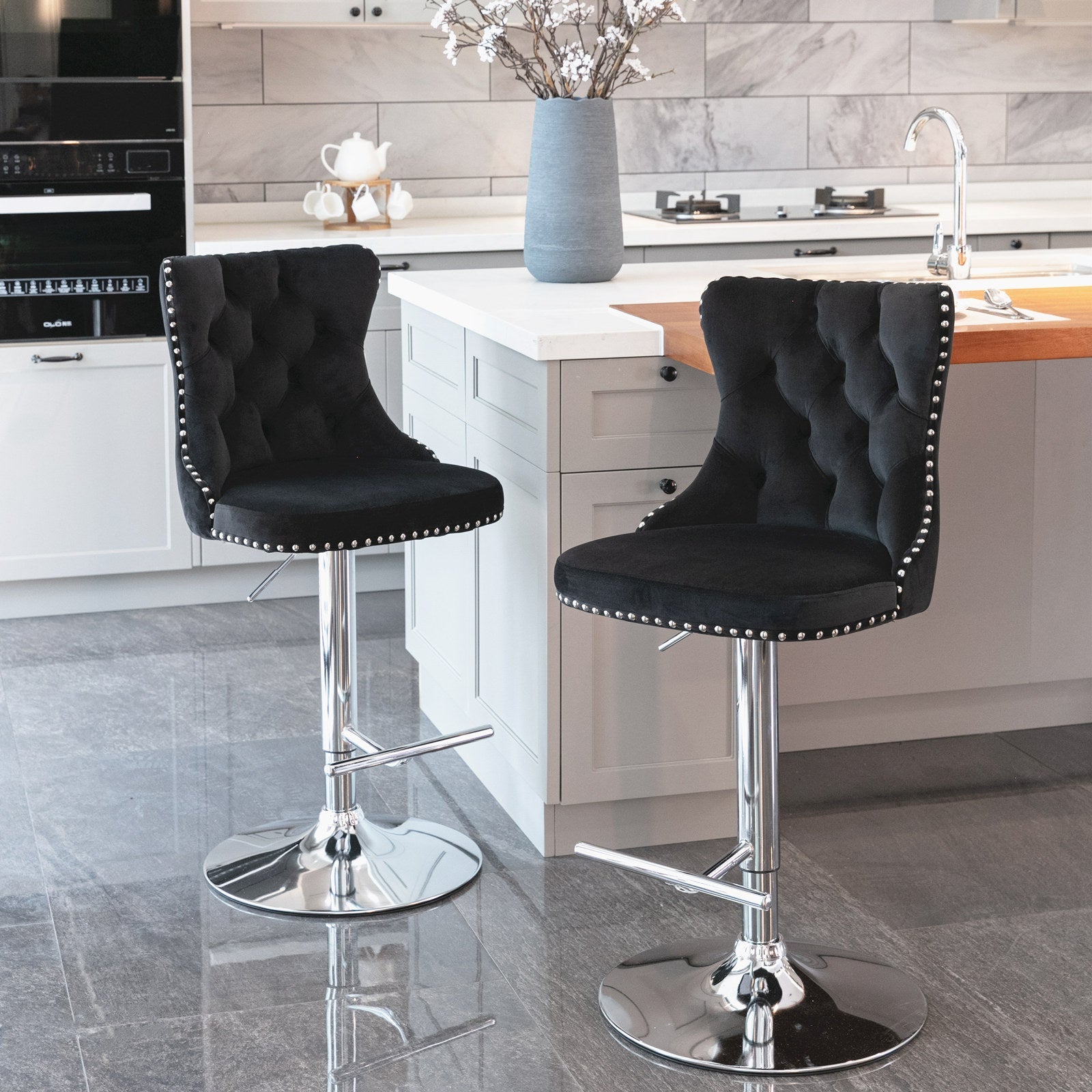 25-33 Inch, Modern Upholstered Chrome base Bar Stools with Back Comfortable Tufted for Home Pub and Kitchen Island（Black,Set of - Korvel