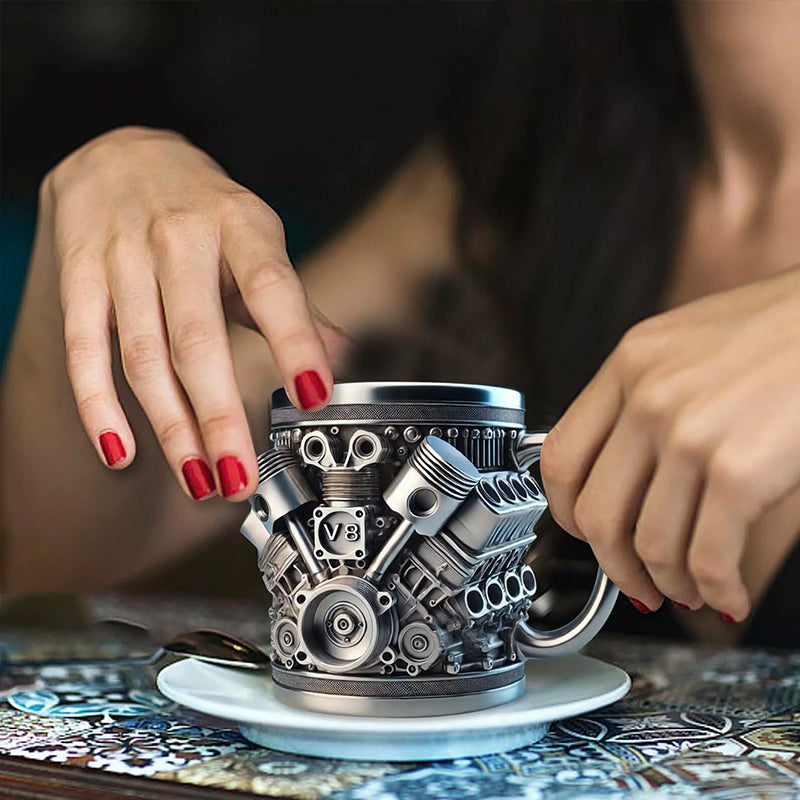 3D Engines - designed Stainless Steel Mug. Ideal for coffee/beer, a fun home & office drinking accessory. - Korvel