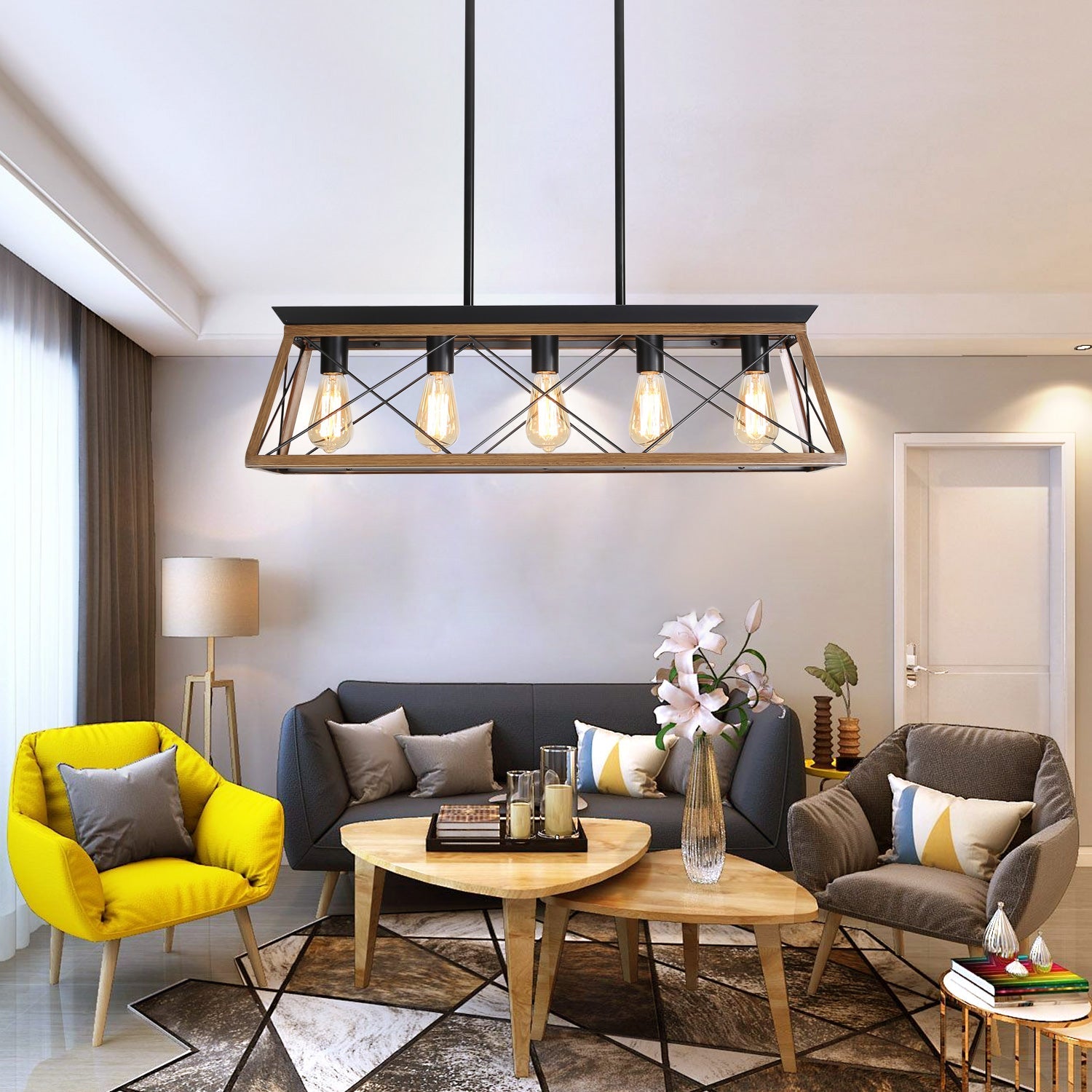 Farmhouse Chandeliers With 5 Bulbs For Dining Room Walnut - Korvel