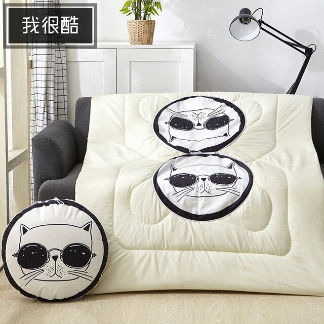 40cm Multifunction Cartoon Cool Cat Plush Round Portable Cushion Blanket Air Conditioning Quilt Throw Pillows for Car Sofa - Korvel