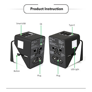 2019 , 3 USB + 1 Typc C International Power Adapter for Europe, UK, China, Australia, Japan and More 200 Countries Black Green - Korvel