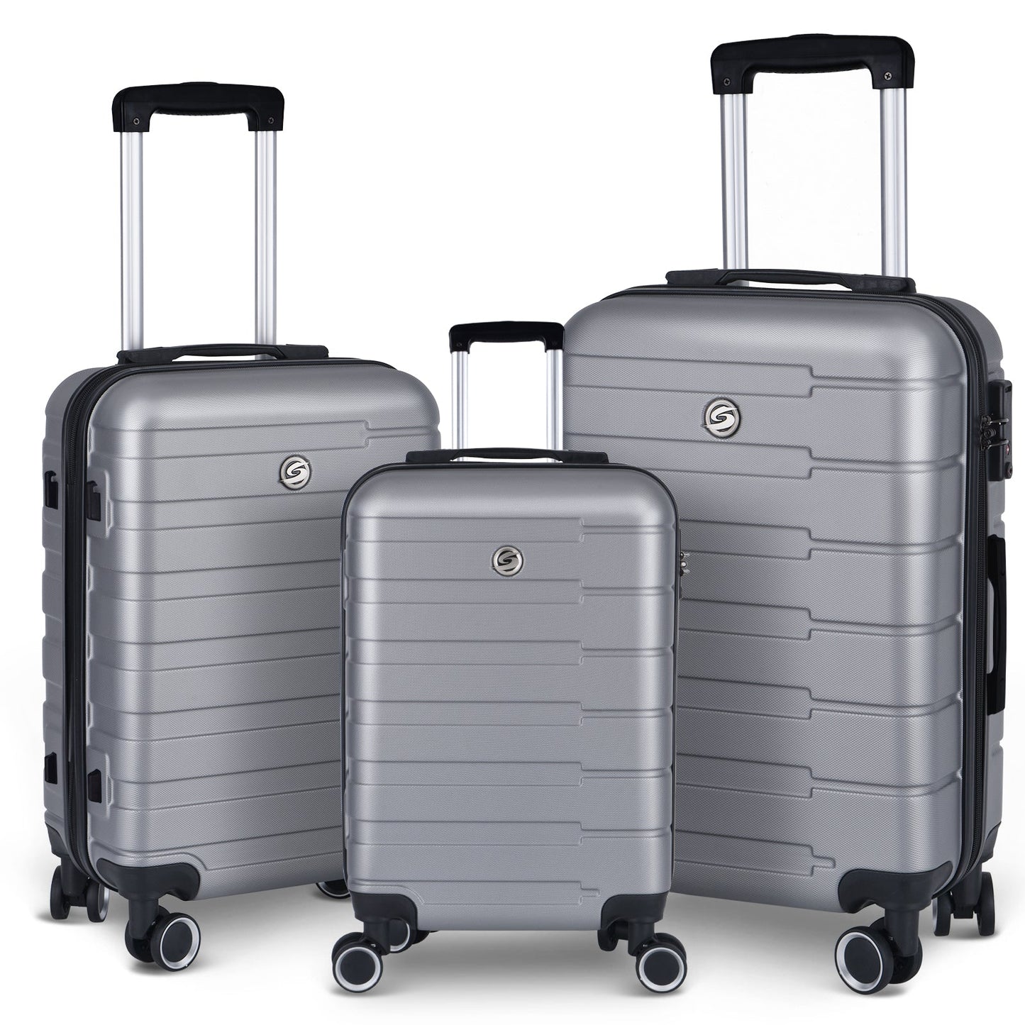 Luggage Suitcase 3 Piece Sets Hardside Carry-on luggage with Spinner Wheels 20"/24"/28" Silver+Grey + ABS - Korvel