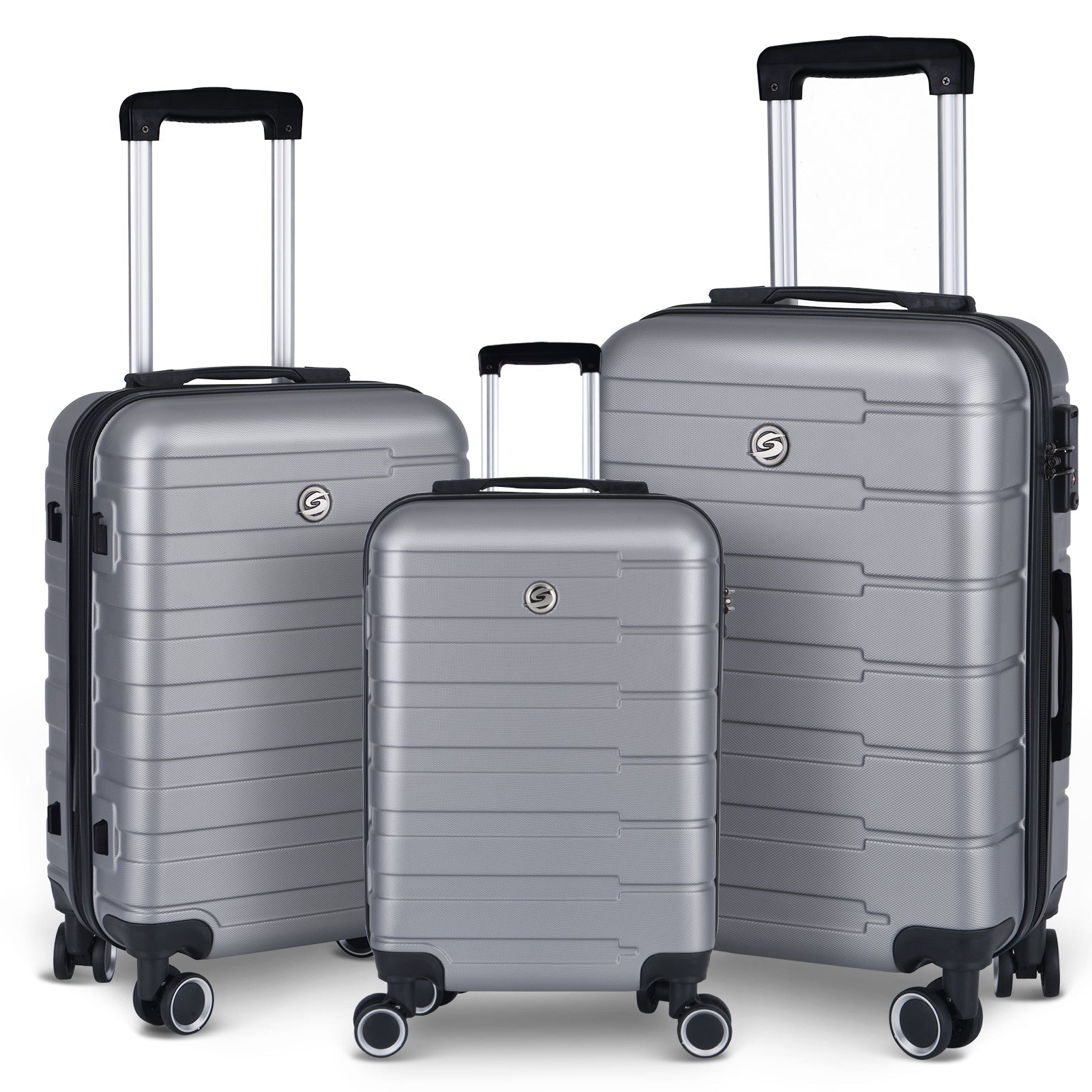 Luggage Suitcase 3 Piece Sets Hardside Carry-on luggage with Spinner Wheels 20"/24"/28" Silver+Grey + ABS - Korvel