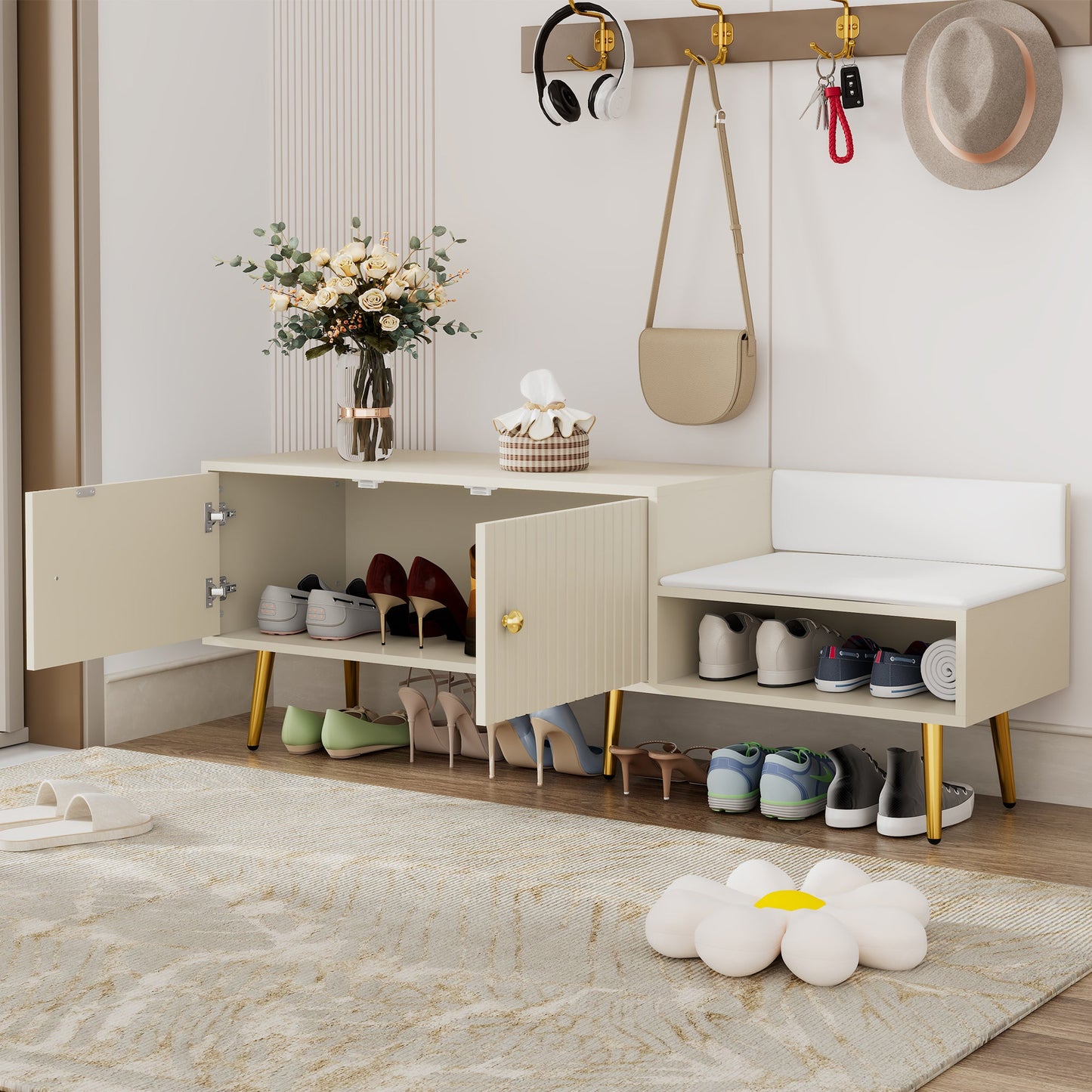 Modern Shoe Storage Bench with Hidden Storage and Upholstered Cushions for Bedside, Living Room and Entryway ((Antique White) - Korvel
