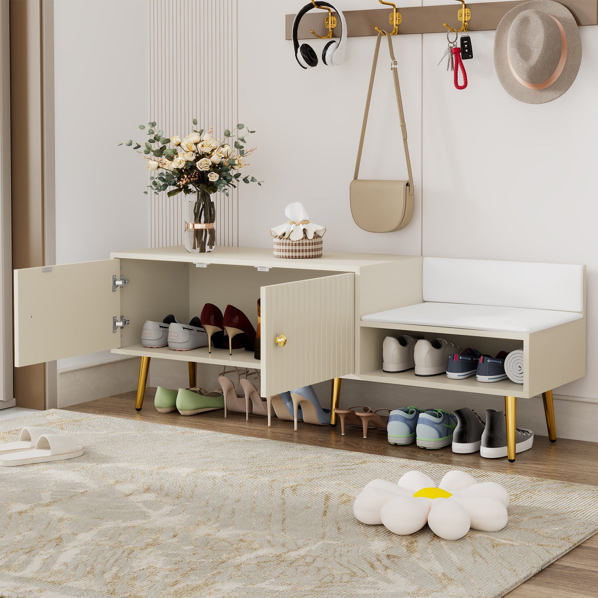 Modern Shoe Storage Bench with Hidden Storage and Upholstered Cushions for Bedside, Living Room and Entryway ((Antique White) - Korvel