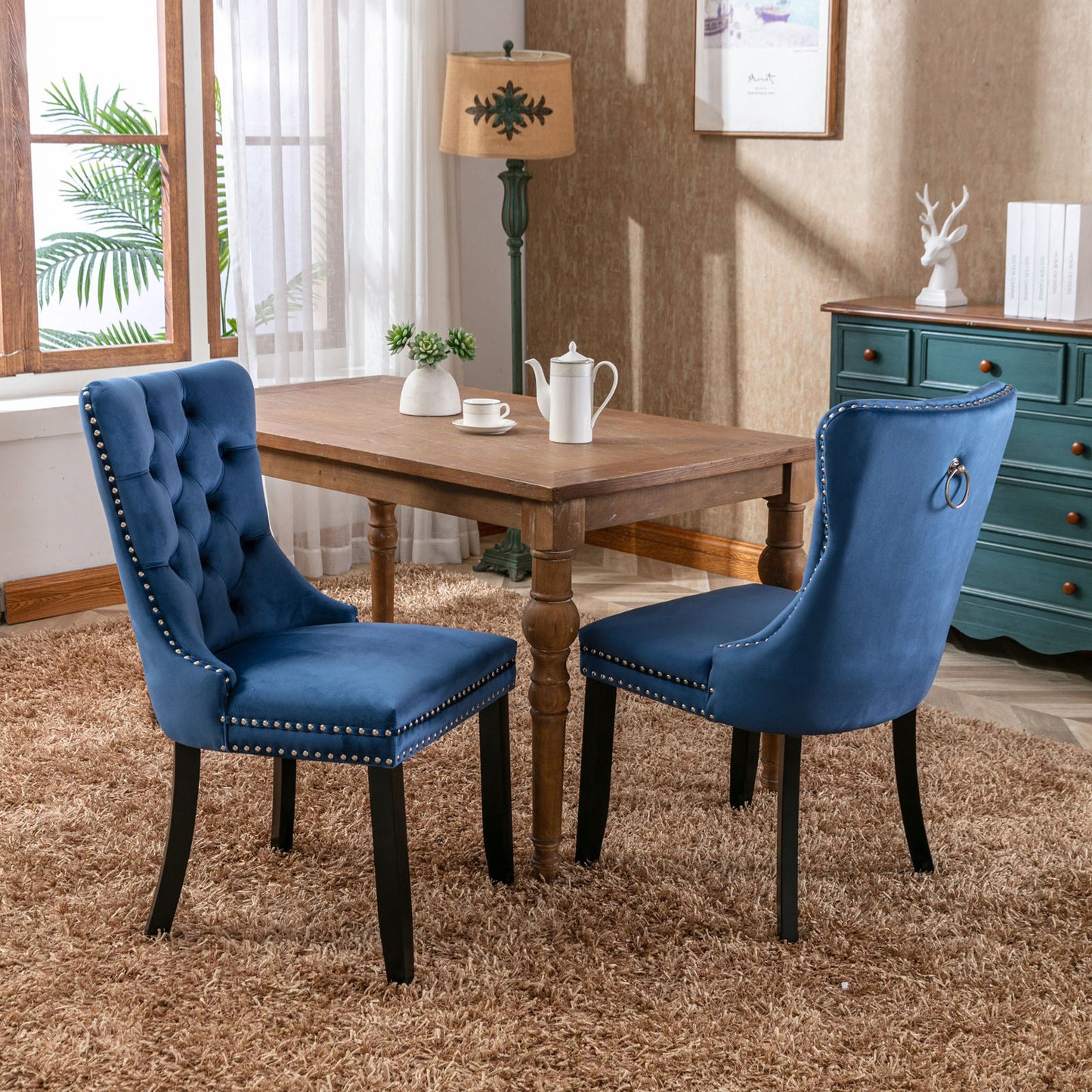 High-end Tufted Solid Wood Contemporary Velvet Upholstered Dining Chair with Wood Legs Nailhead Trim 2-Pcs Set Blue - Korvel