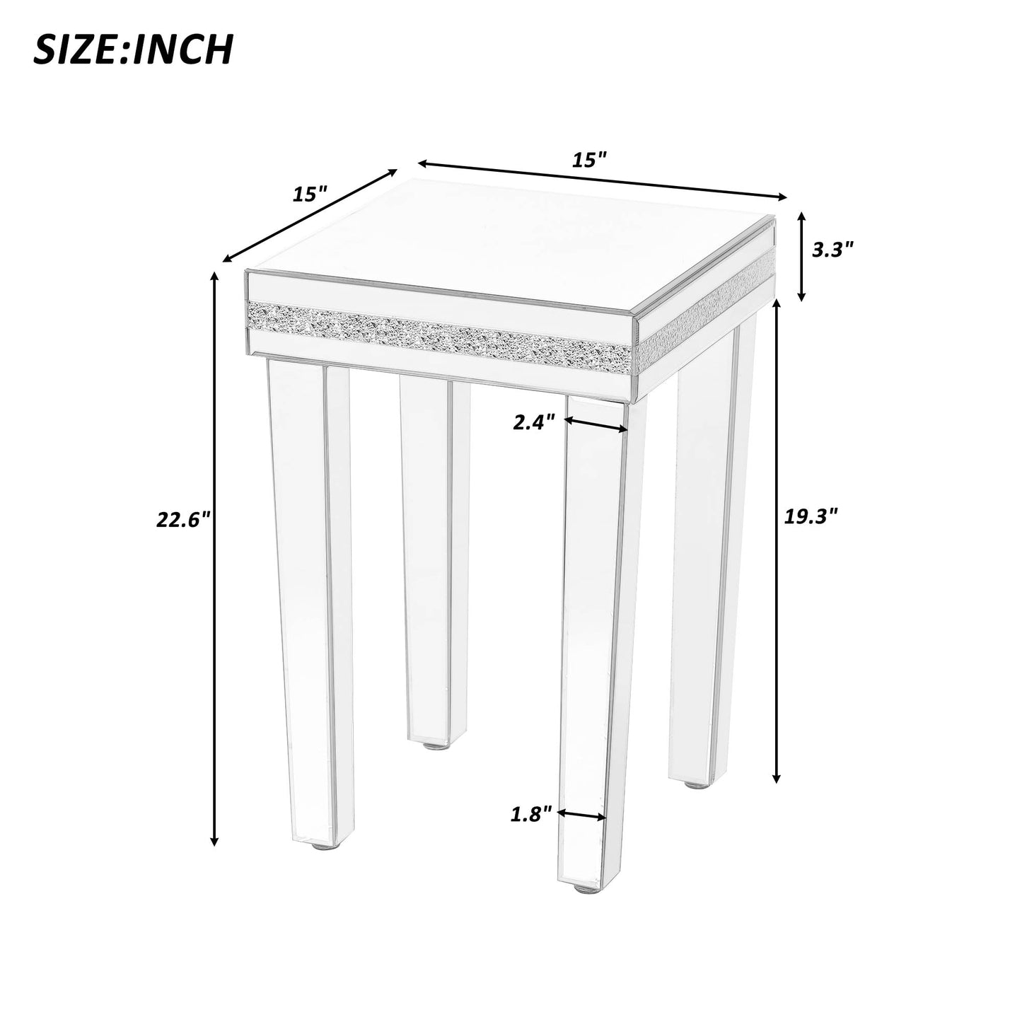ON-TRANS glass mirror edge table, easy to assemble crystal design and adjustable height leg edge table, silver - Korvel