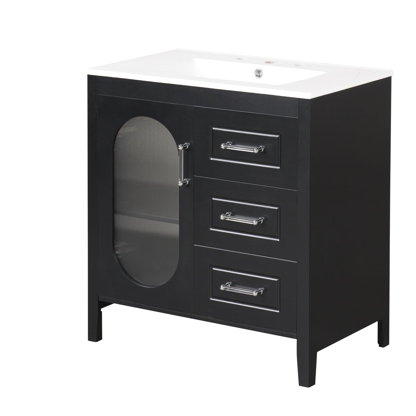 30" Bathroom Vanity with Sink, Bathroom Vanity Cabinet with Two Drawers and Door, Adjustable Shelf, Solid Wood and MDF, Black - Korvel