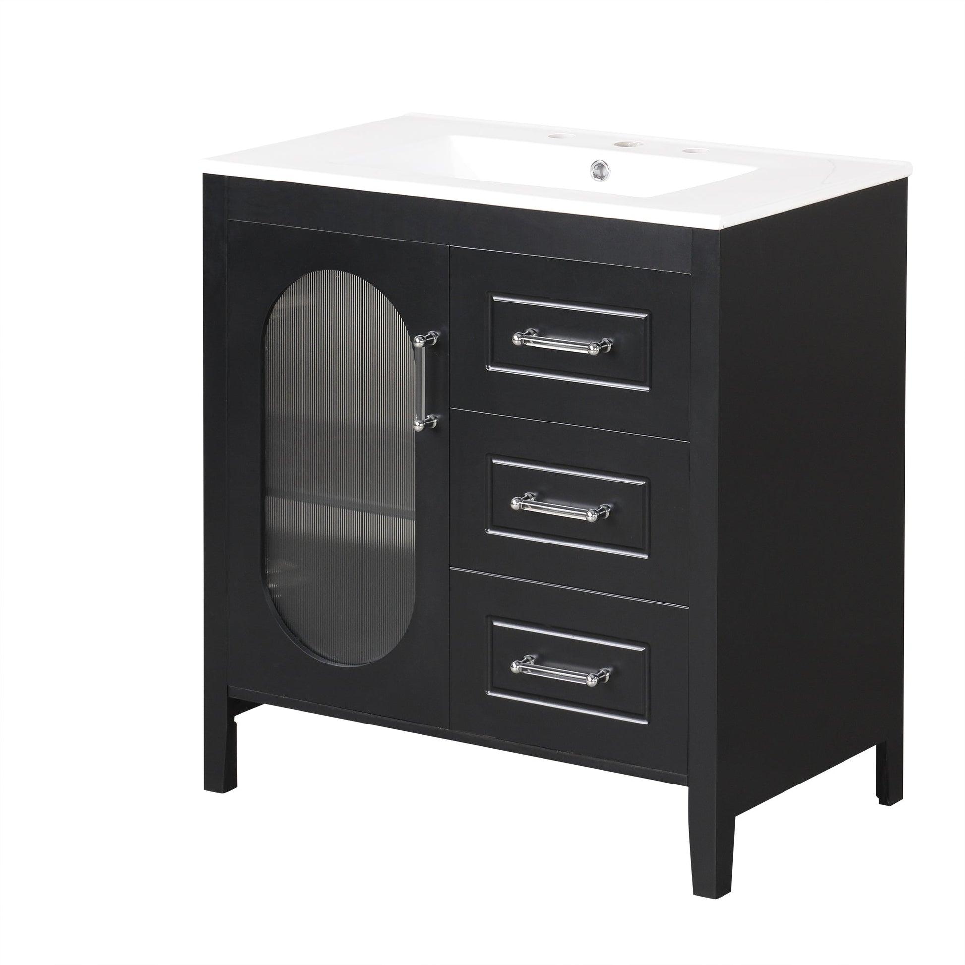 30" Bathroom Vanity with Sink, Bathroom Vanity Cabinet with Two Drawers and Door, Adjustable Shelf, Solid Wood and MDF, Black - Korvel