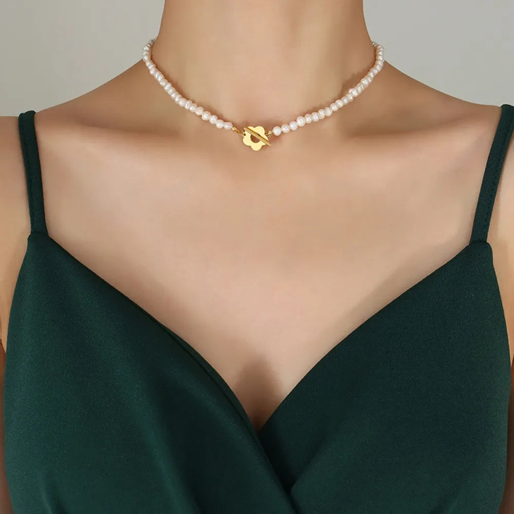 Titanium Steel Pearl Flower Necklace - Korvel