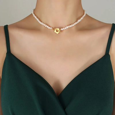 Titanium Steel Pearl Flower Necklace - Korvel