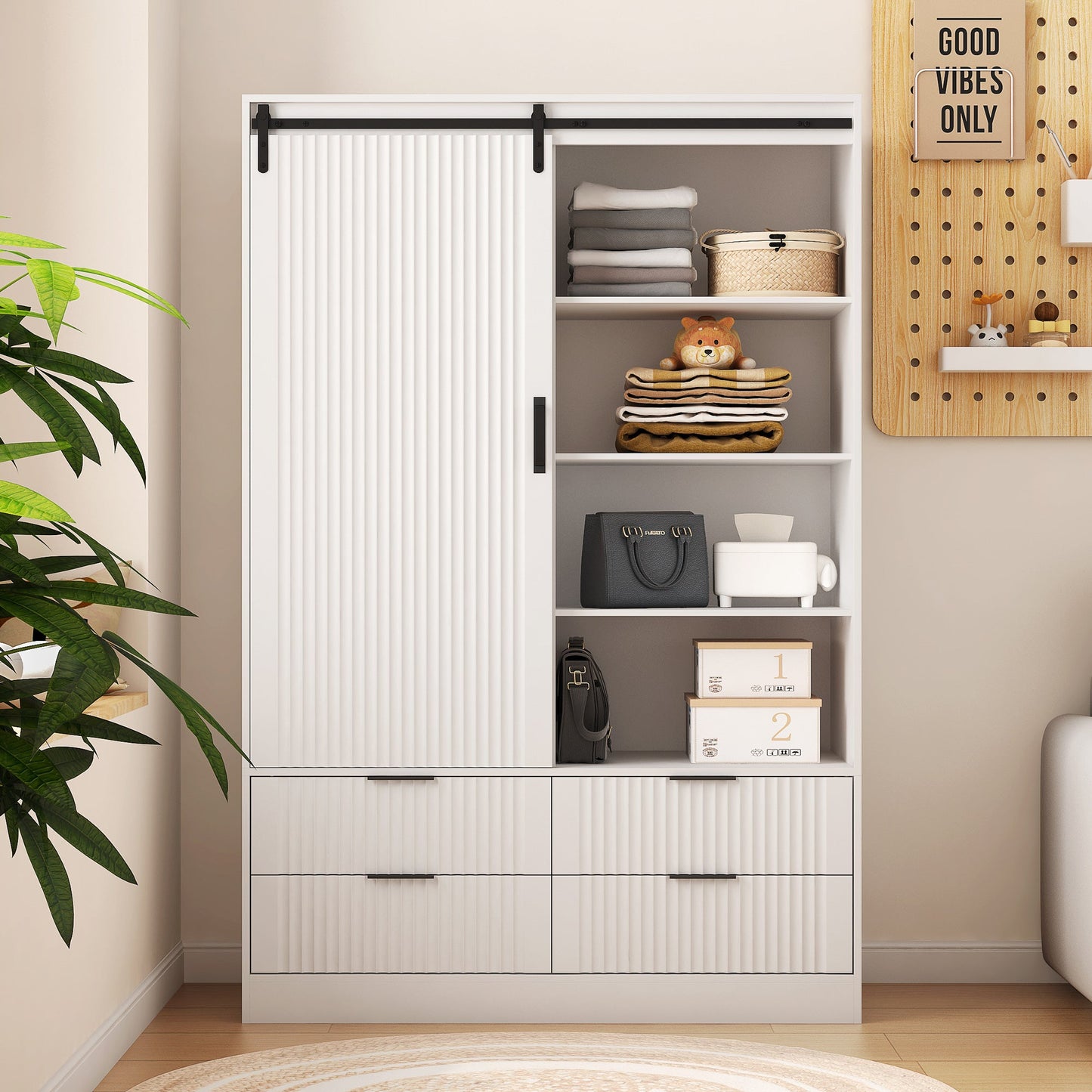 Tall Bedroom Armoire Wardrobe Closet Clothing Storage Cabinet with Hanging Rod Barn Door Drawers Open Shelves,White - Korvel