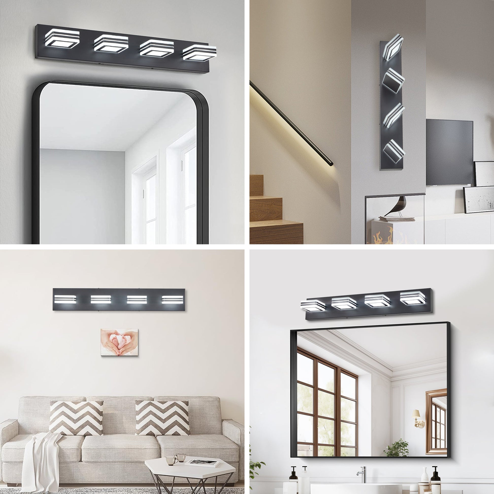 LED Modern Black Vanity Lights, 4-Lights Acrylic Matte Black Bathroom Vanity Lights Over Mirror - Korvel