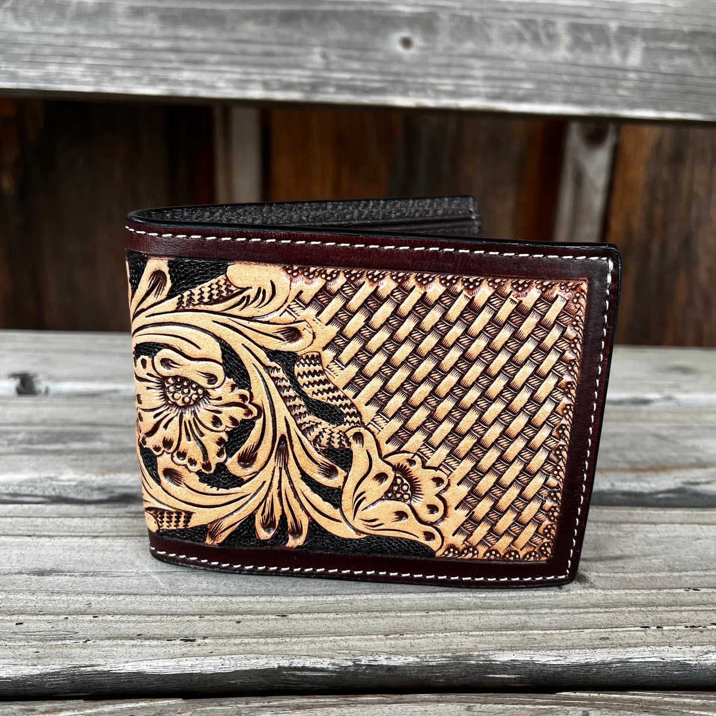 Artisan Floral Checkered Bi-Fold Wallet | 3D Design - Korvel