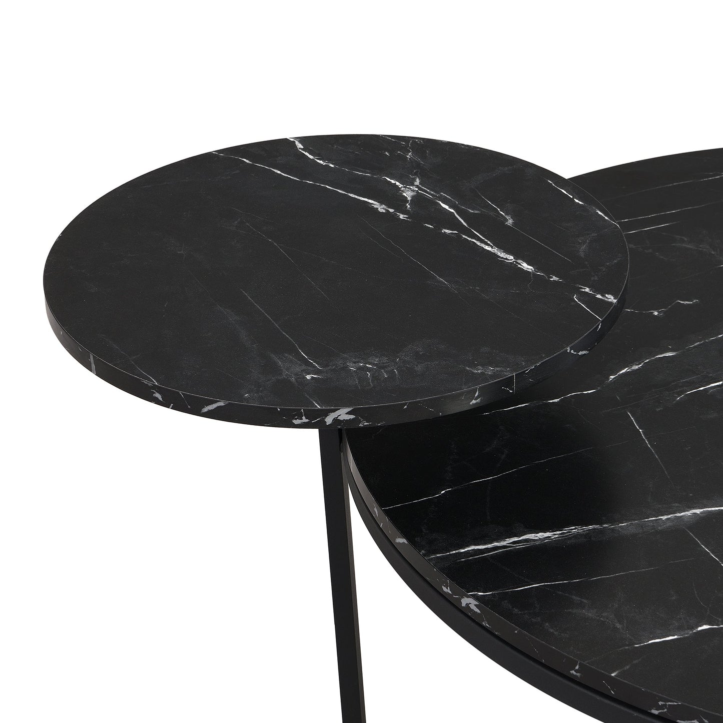 Modern coffee table with two display shelves, Black Faux marble surfaces, Tripod-inspired base,Rounded tabletop edges - Korvel
