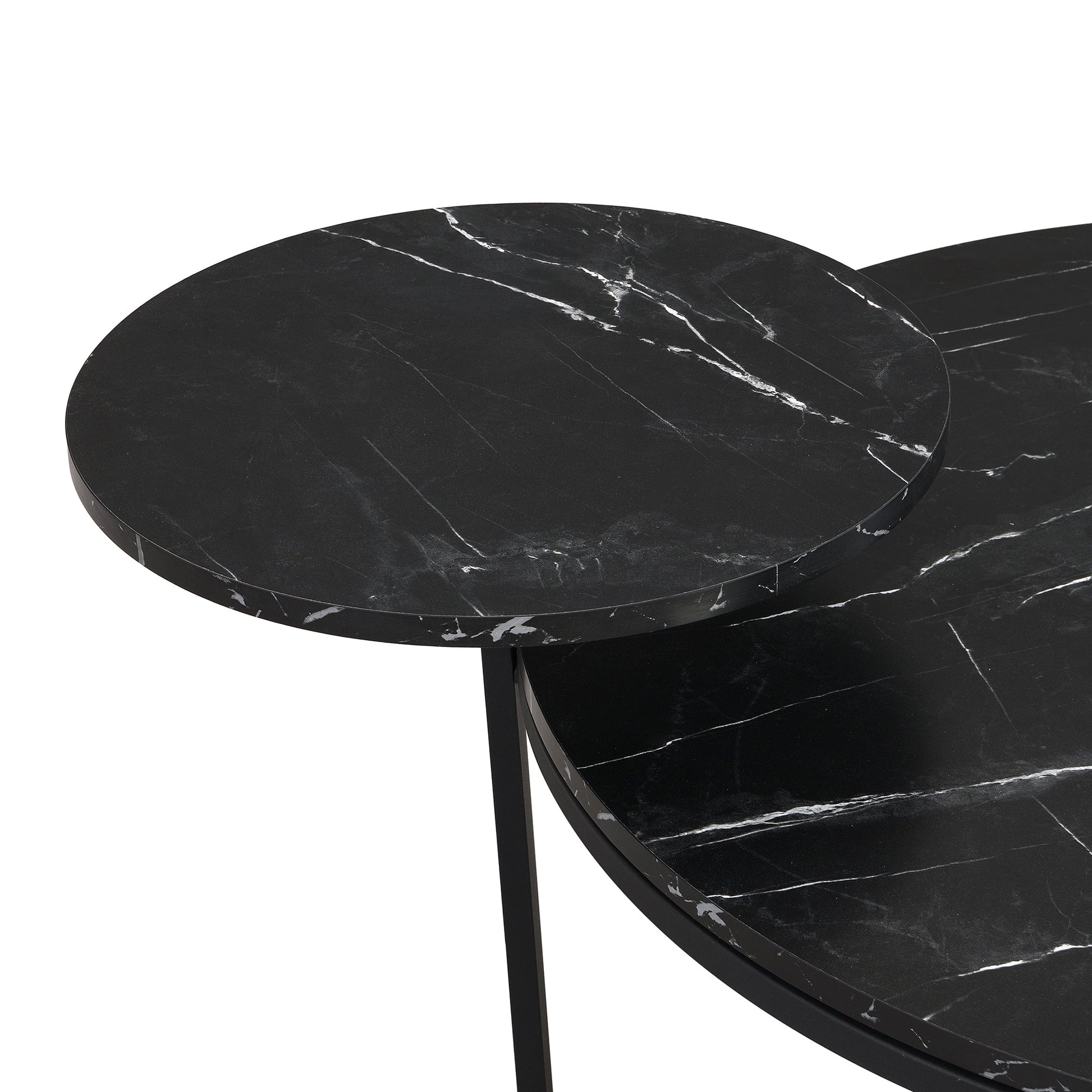 Modern coffee table with two display shelves, Black Faux marble surfaces, Tripod-inspired base,Rounded tabletop edges - Korvel