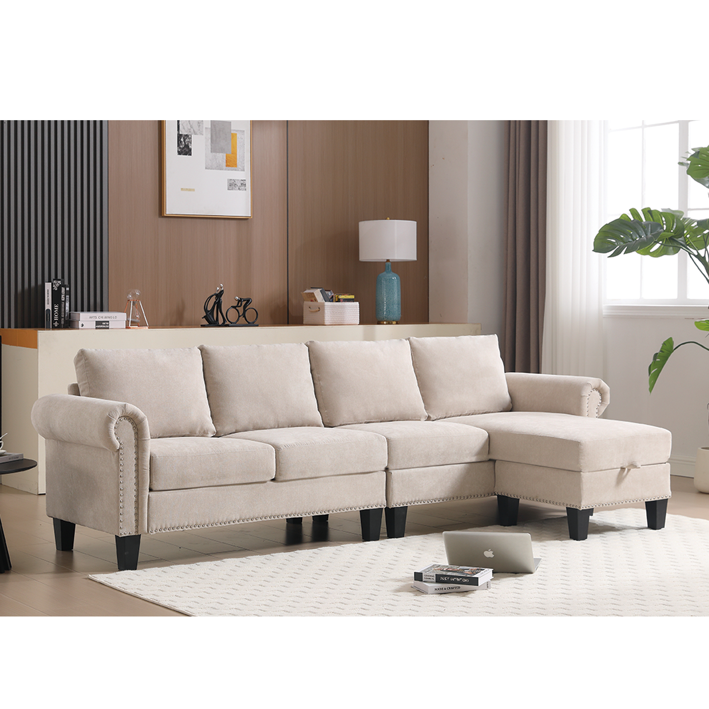 Sofá Seccional Convertible en Forma de L con Almacenamiento - Beige