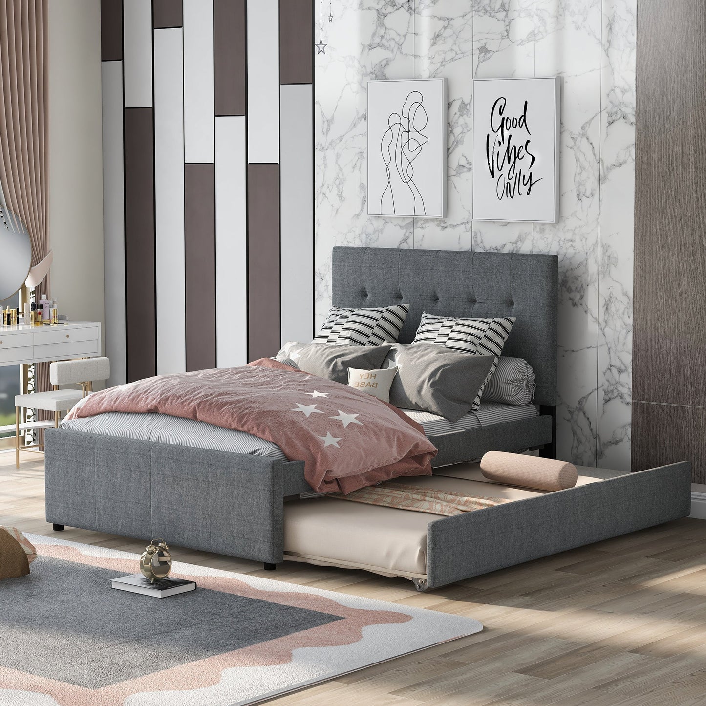 Linen Upholstered Platform Bed with Headboard and Trundle - Full