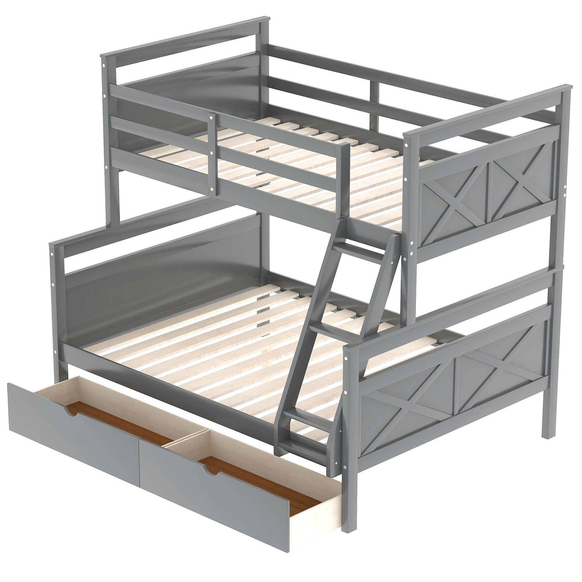 Twin over Full Bunk Bed with Ladder Two Storage Drawers  Safety Guardrail  Gray - Korvel