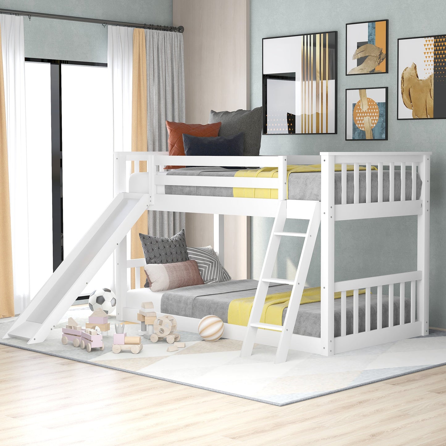 Twin Over Twin Bunk Bed with Convertible Slide and Ladder - White