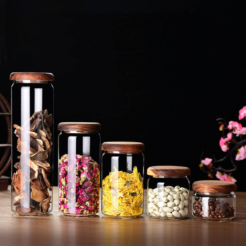Bocal de rangement en verre premium avec couvercle en bois d'acacia