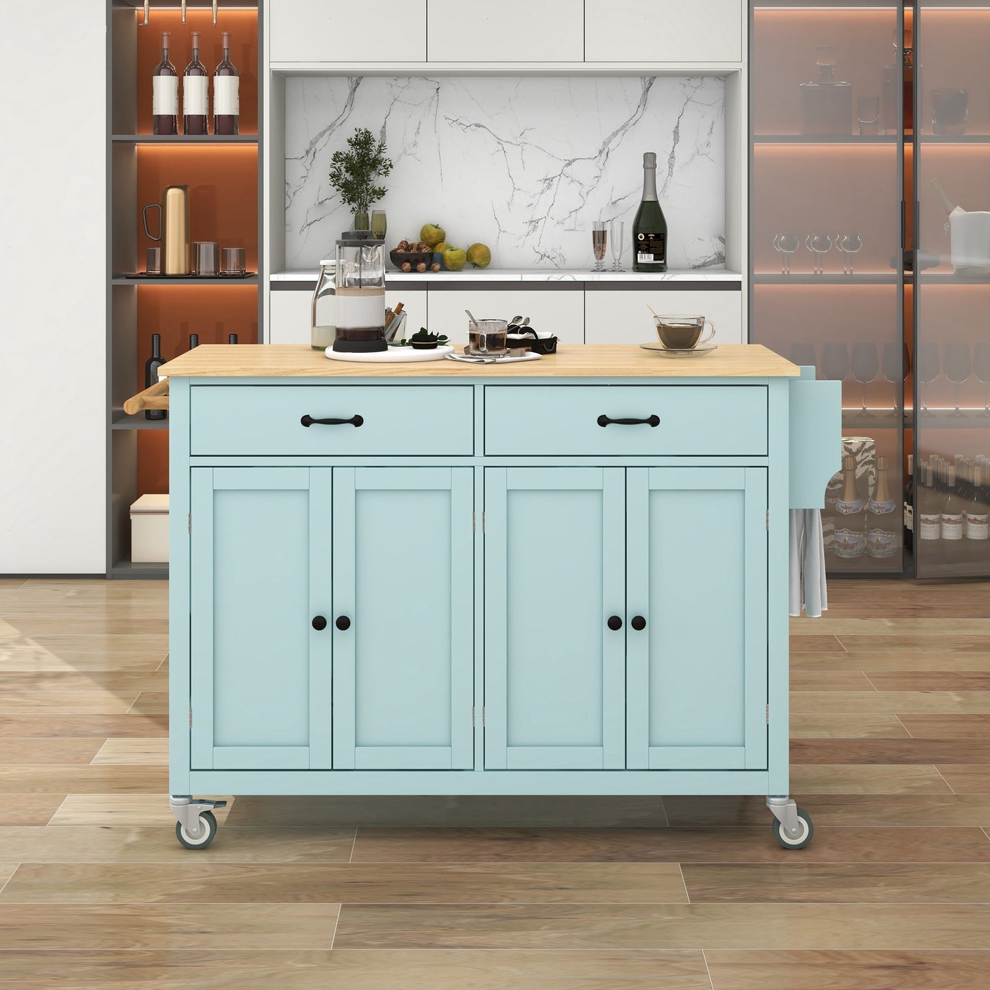 Mint Green Kitchen Island Cart with 4 Doors and Drawers