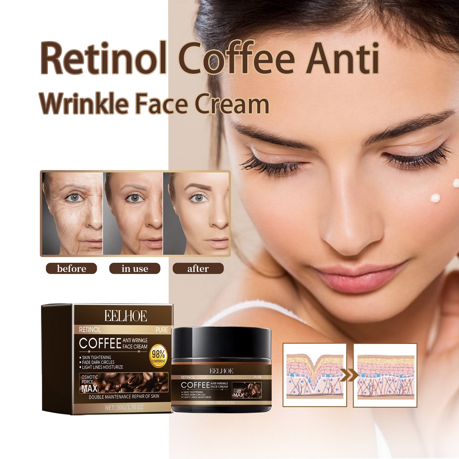 Retinol Coffee Anti Wrinkle Face Cream, Repair Damaged Skin Reduce The Wrinkle Defects Soft Cream - Korvel