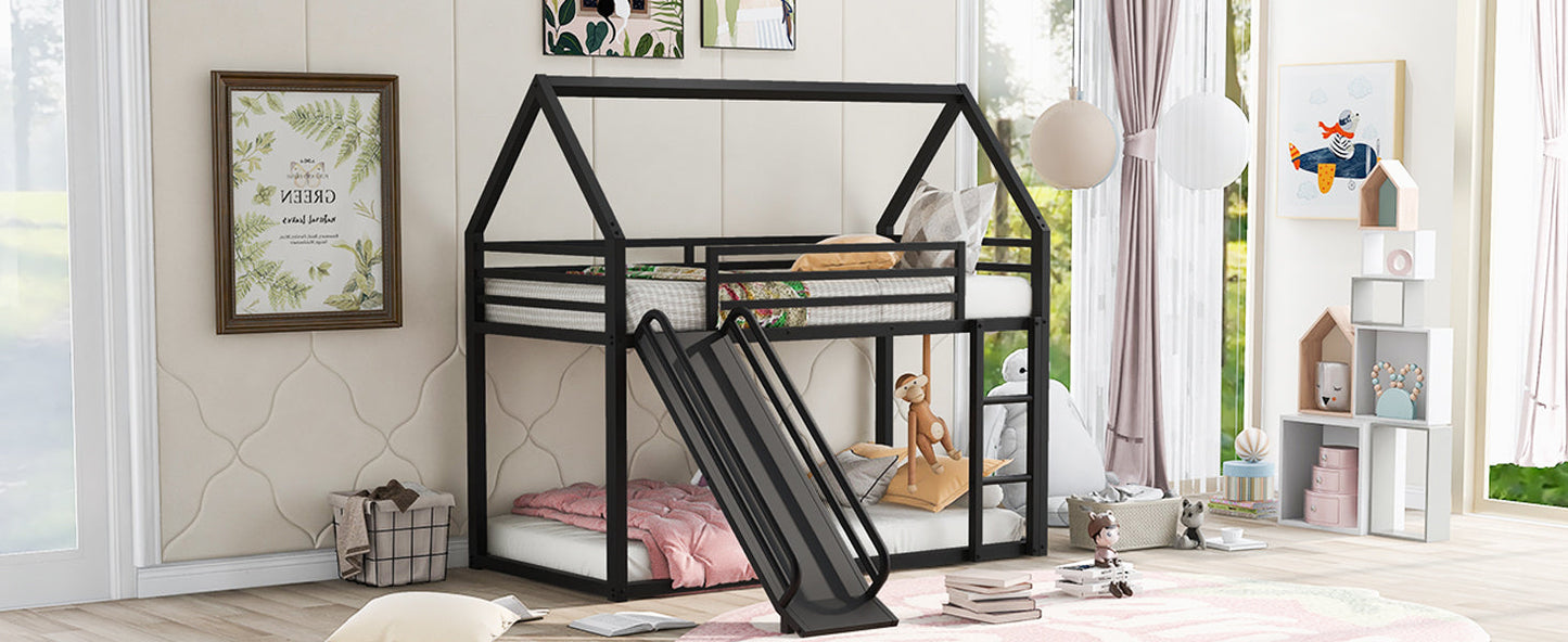 Twin over Twin House Bunk Bed with Ladder and Slide,Black - Korvel