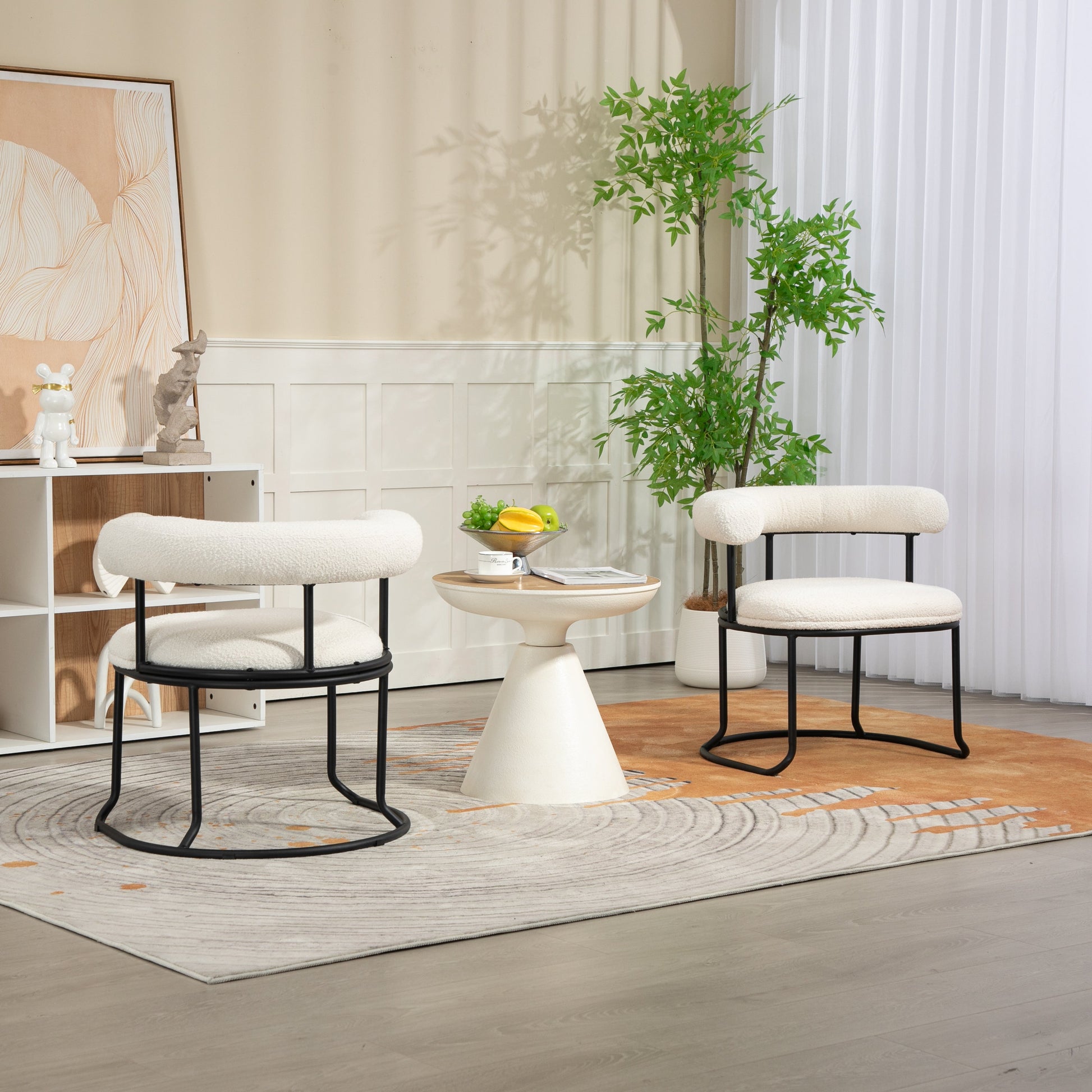 COOLCOOL Boucle dining chair set of two, medieval modern curved backrest chair, round cushion (beige Boucle) - Korvel