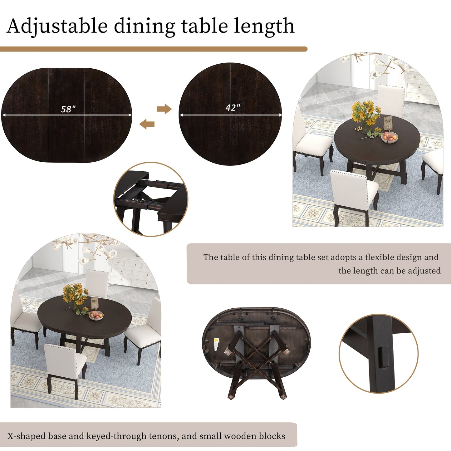 TREXM Farmhouse Round Extendable Dining Table with 16" Leaf Wood Kitchen Table (Espresso) - Korvel