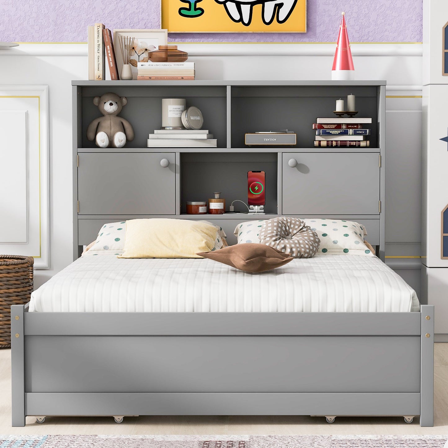 Full Size Platform Bed with Storage Headboard and Charging Station