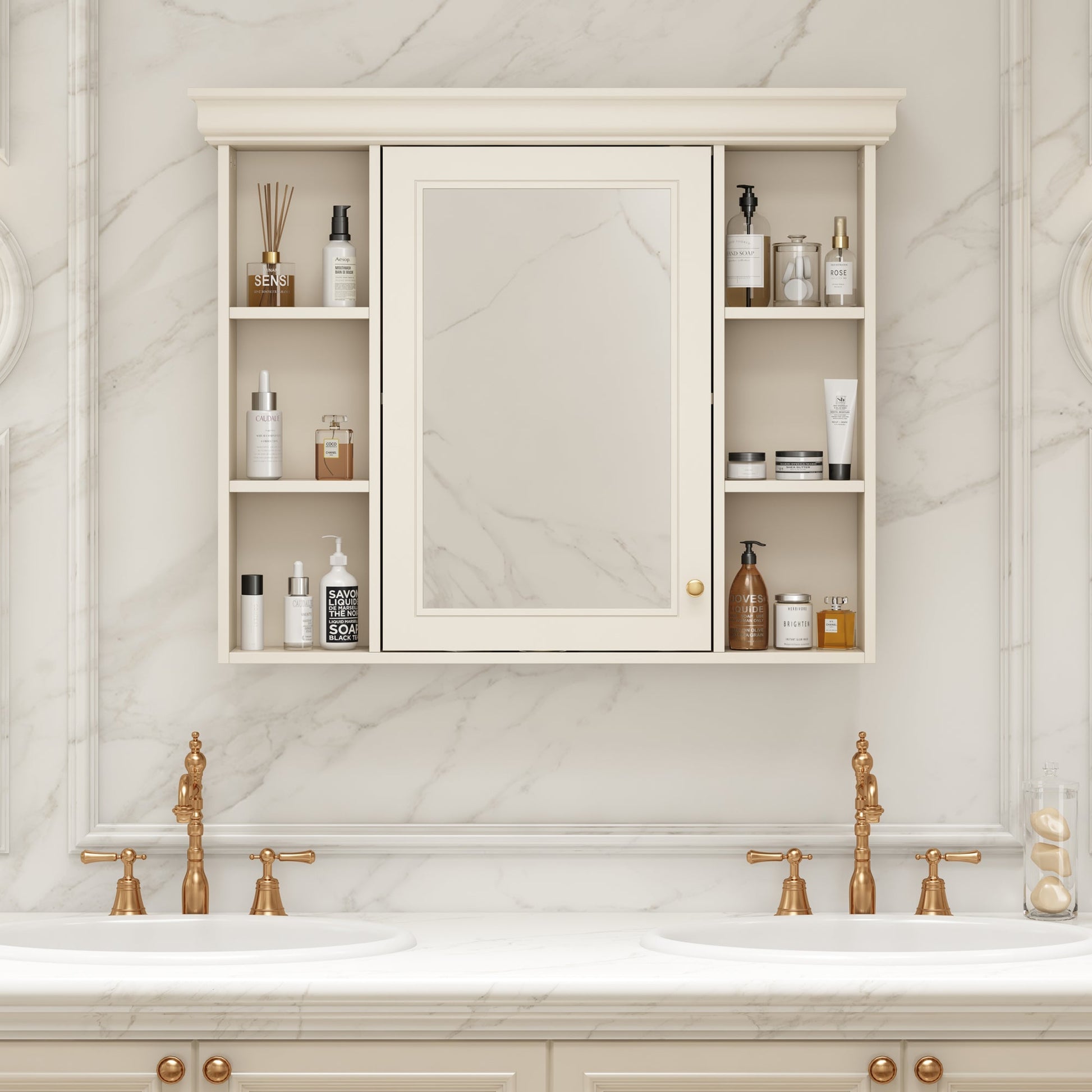 35'' x 28'' Blue Wall Mounted Bathroom Storage Cabinet with Mirror Door, Modern Bathroom Wall Cabinet with Mirror - Korvel