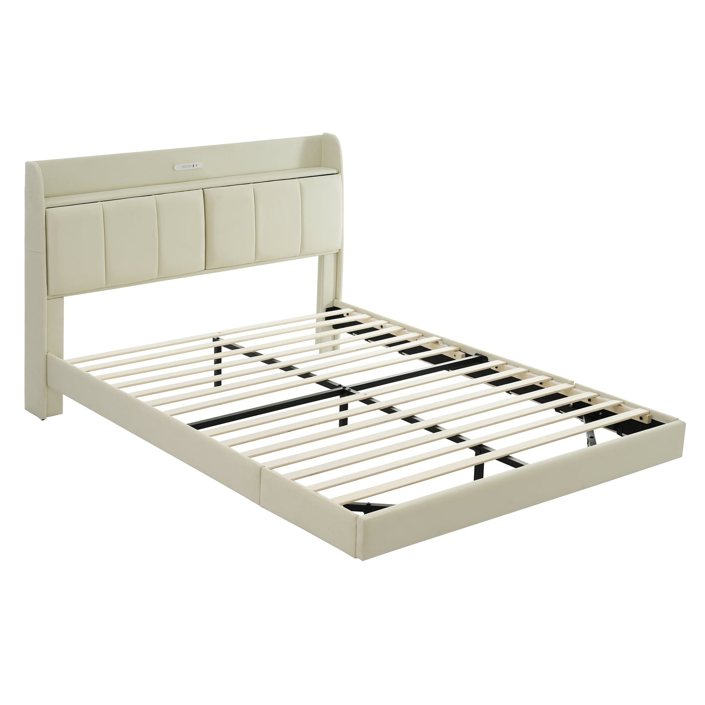 Large floating bed frame with storage headboard, touch sensor, night light and USB charger, padded platform bed, beige color - Korvel