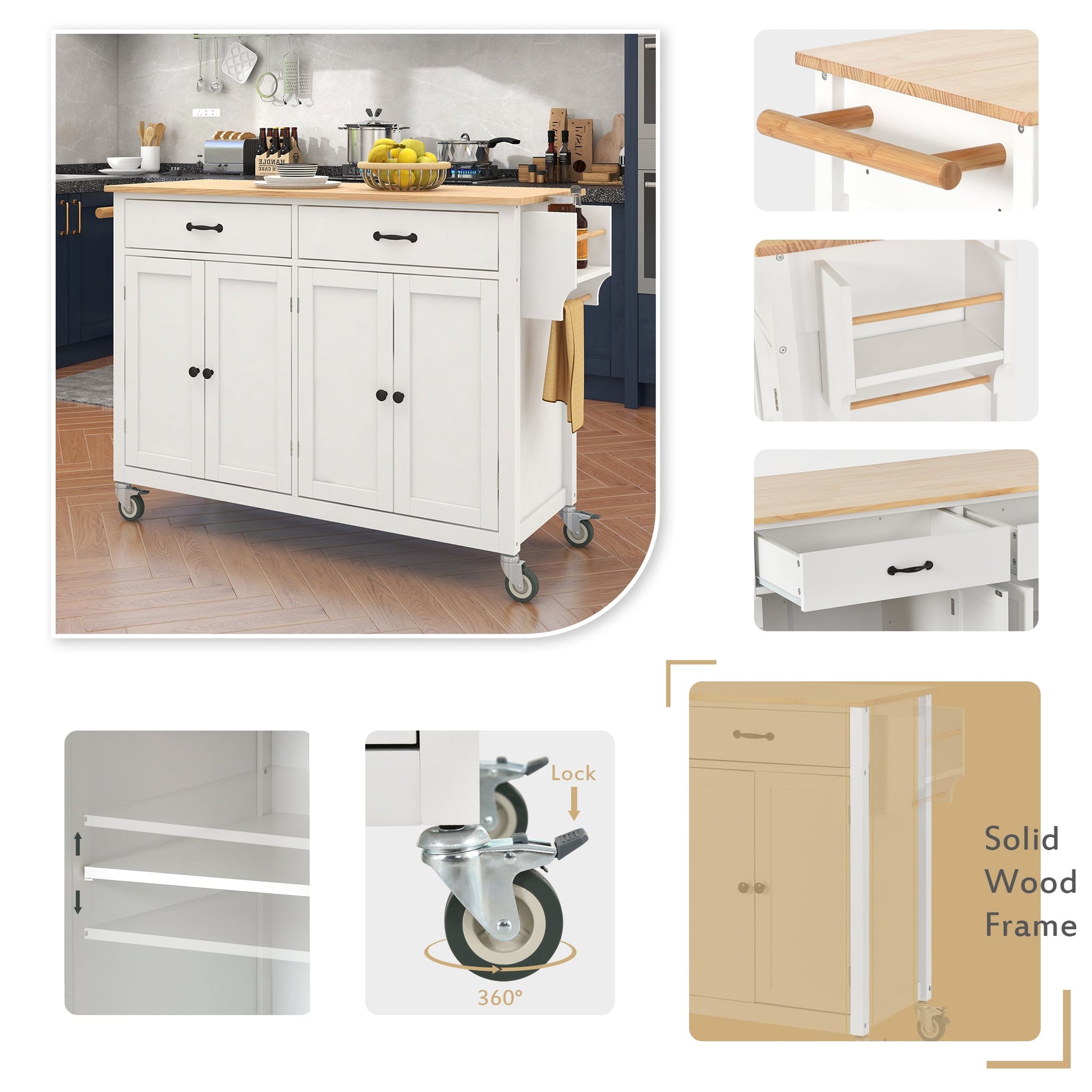 Kitchen Island Cart with Solid Wood Top and Locking Wheels 54.3 Inch Width  (White) - Korvel