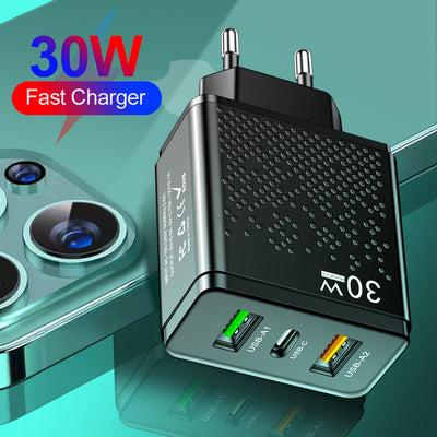 LED 2USB+PDType-C mobile phone charger with multiple ports, compliant with American, European, and British standards for travel charging - Korvel