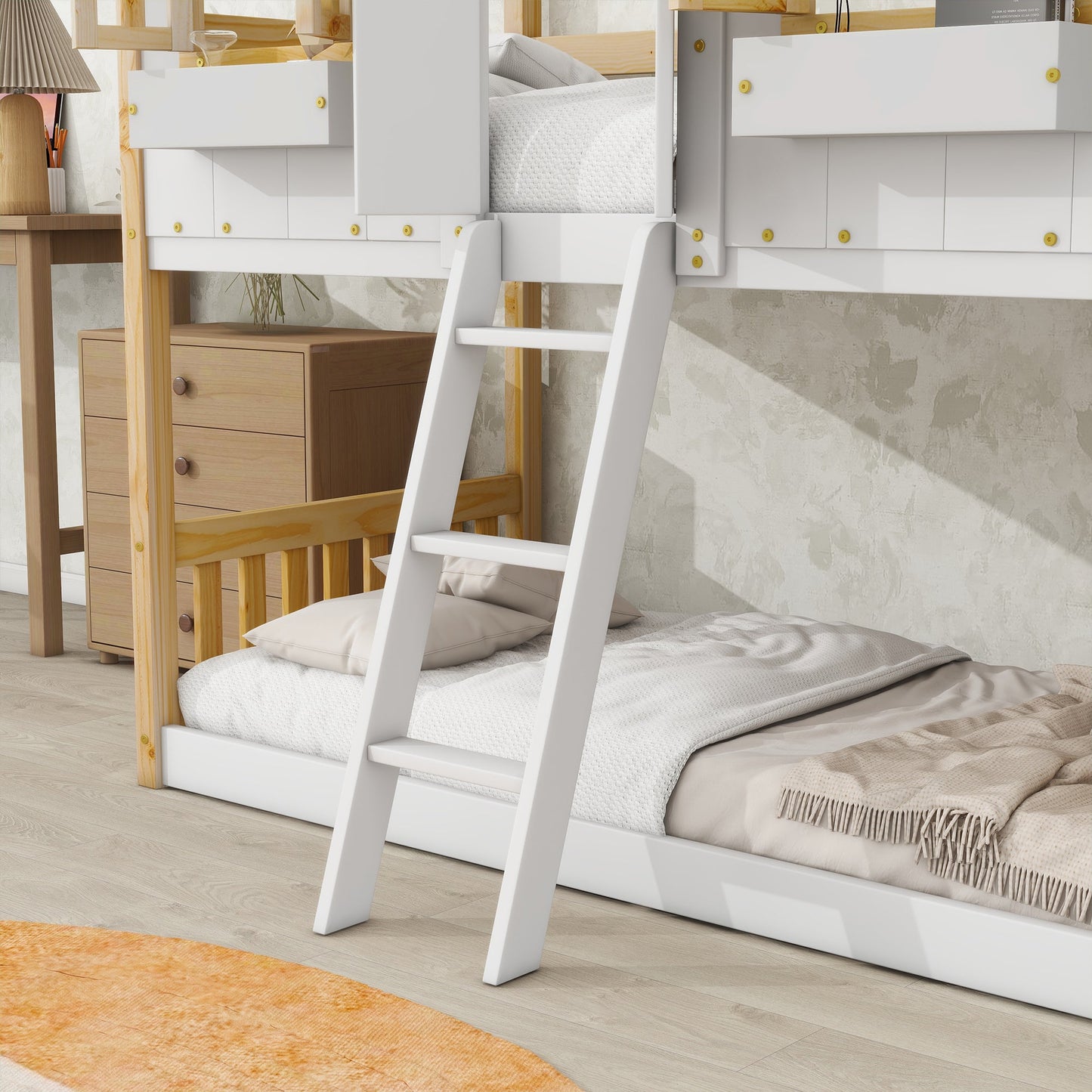Twin over Twin House Bunk Bed with Roof , Window, Window Box, Door , with Safety Guardrails and Ladder, Natural/White - Korvel