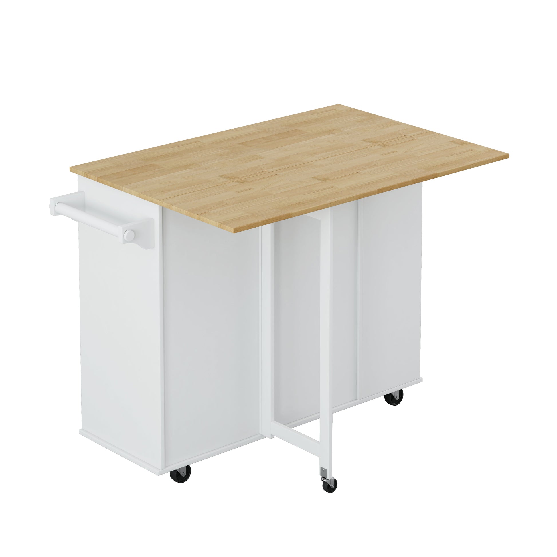 Multi-Functional Kitchen Island Cart with 2 Door Cabinet and Two Drawers,Spice Rack, Towel Holder, Wine Rack, and Foldable Rubberwood Table Top (White) - Korvel
