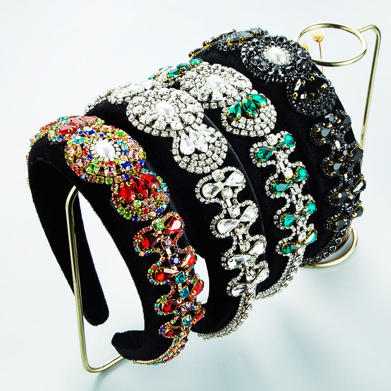 Hair Hoop Heavy Craft Retro Palace Feng Shui Drill Sponge Head Hoop Wide Side Baroque High Skull Top Hair Accessories - Korvel