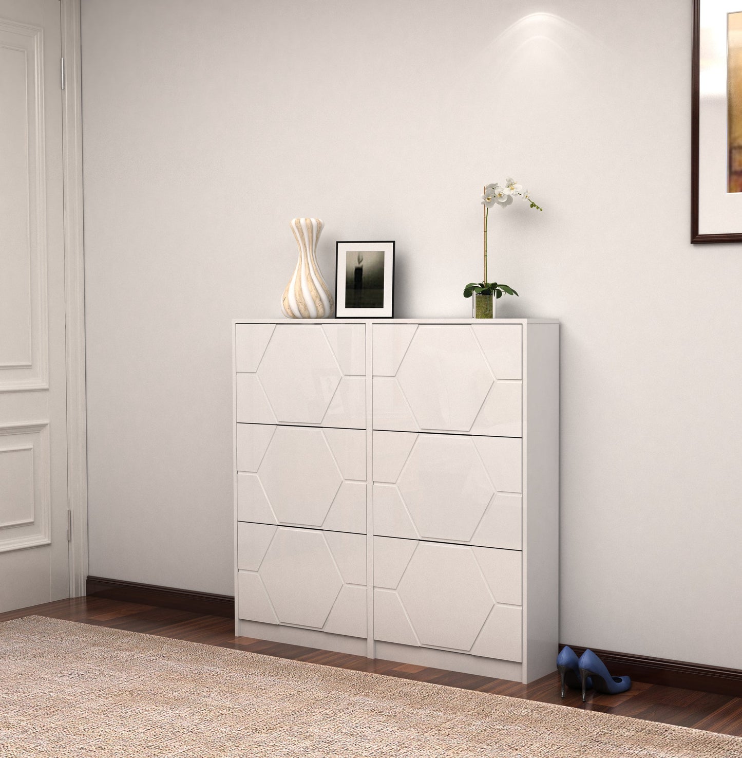 Shoe Storage Cabinet for Entryway, 6 Tiers Shoe Organizer with Carved Panels Vertical Shoe Cabinet for Front Door Entrance - Korvel