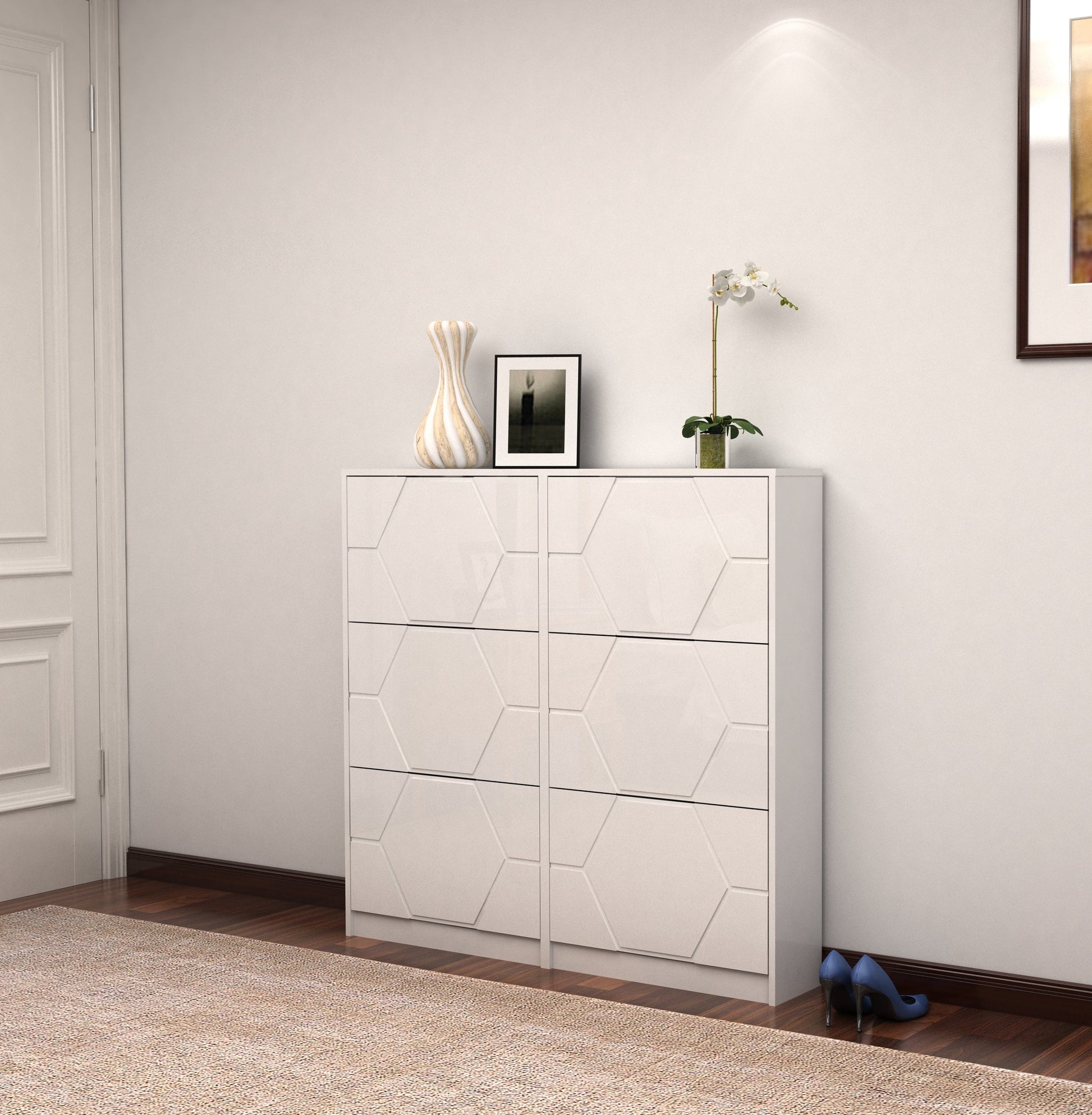 Shoe Storage Cabinet for Entryway, 6 Tiers Shoe Organizer with Carved Panels Vertical Shoe Cabinet for Front Door Entrance - Korvel