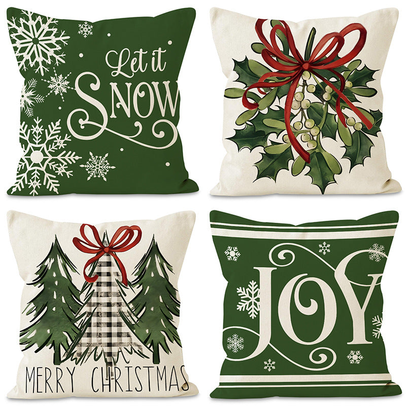 Green Christmas Pillow Cover Linen Printed Pillow Cover Holiday Living Room Bedroom Decoration Cushion Cover - Korvel
