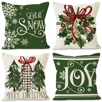 Green Christmas Pillow Cover Linen Printed Pillow Cover Holiday Living Room Bedroom Decoration Cushion Cover - Korvel
