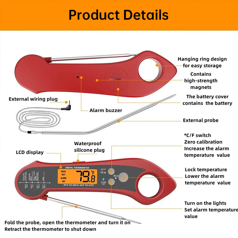 Foldable IP7 digital thermometer with dual probes: for cooking, BBQ, meat, grilling, food kitchen tools. - Korvel