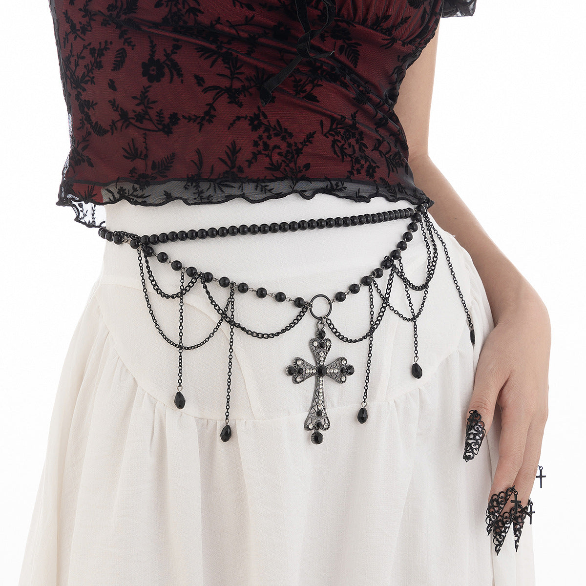 Dark Wind Cross Iron Chain Waist Chain Multi layer Versatile Tassel Crystal Body Chain Female - Korvel